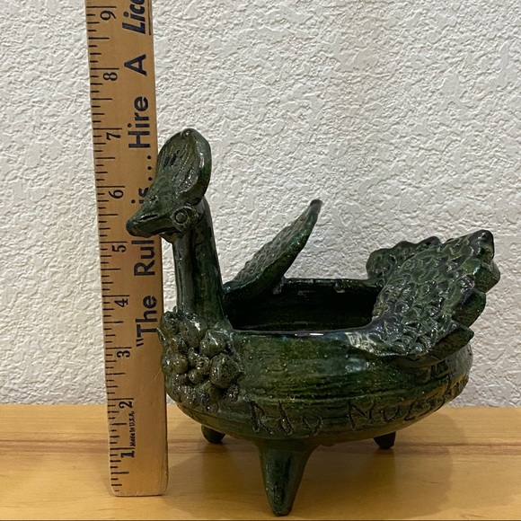 Unique Green Clay Pottery Animal Sculpture Peacock Footed Dish Planter Decor - Picture 5 of 15